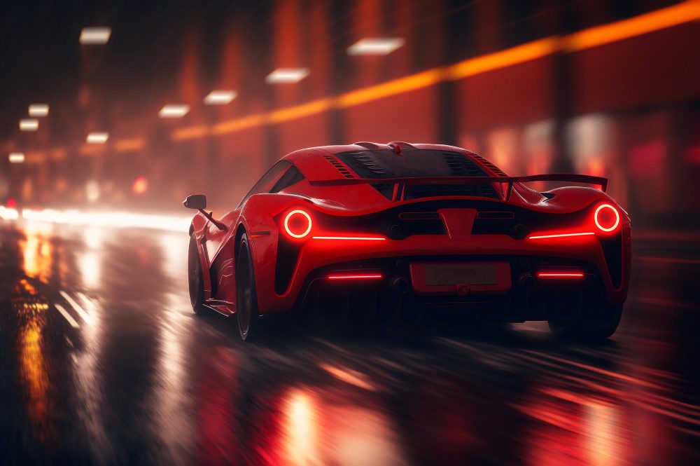 red sports car rainy city night with street lighting car rear view luxury car